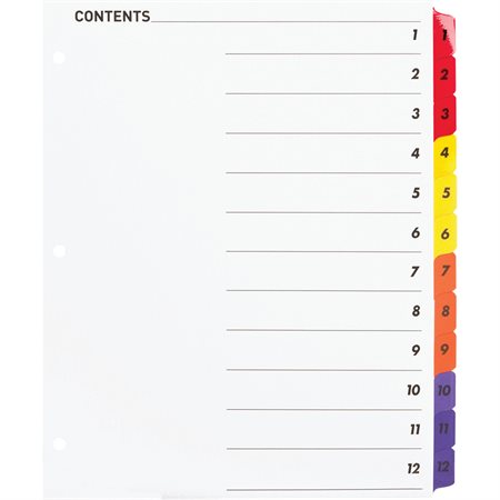 Intercalaires à onglet imprimable 12 onglets 1-12 couleurs variées. 1 jeu