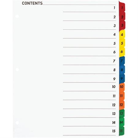 Intercalaires à onglet imprimable 15 onglets 1-15 couleurs variées. 1 jeu
