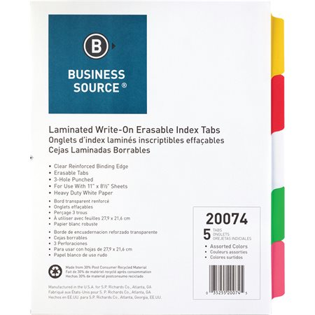 Laminated Tab Dividers Assorted colours 5 tabs