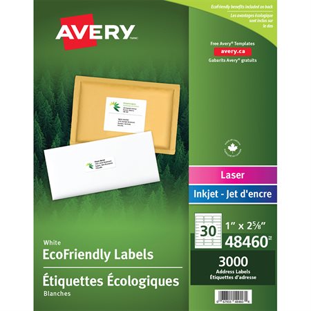 Étiquettes d'adresse blanches Écologiques Boîte de 100 feuilles 2-5 / 8 x 1" (3000)
