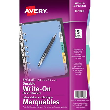 Insertable Dividers for Small Size Binder Write-on. Multicoloured plastic. 5 tabs