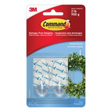 Command™ Adhesive Hooks 2 medium hooks with 4 strips Holds 2lb. Clear