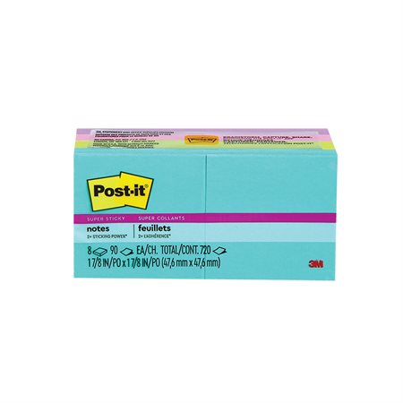 Feuillets Post-it® Super Sticky - collection Miami 1-1 / 2 x 2 po bloc de 90 feuillets (pqt 8)