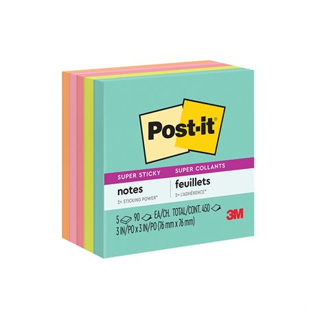 Post-it® Super Sticky Notes - Miami Collection 3 x 3 in. 90-sheet pad (pkg 5)