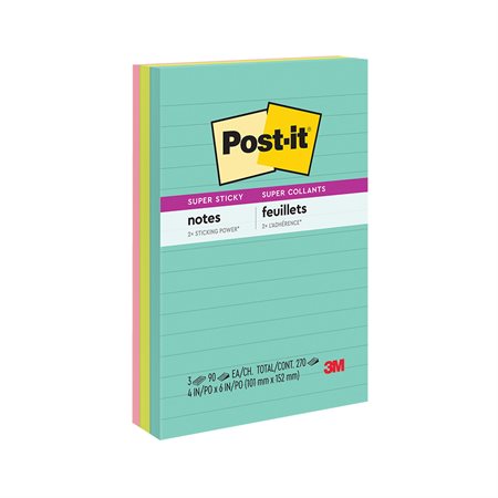 Feuillets Post-it® Super Sticky - collection Éclat de lumière 4 x 6 po, lignés bloc de 90 feuillets (pqt 3)