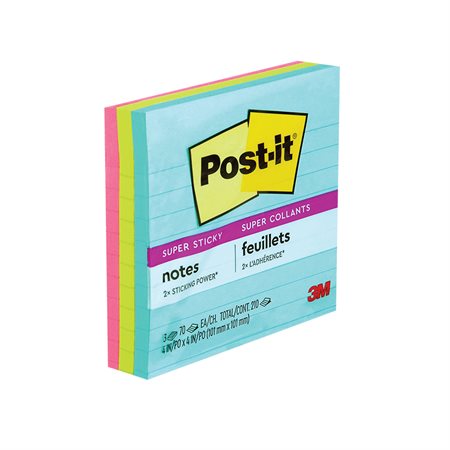 Feuillets Post-it® Super Sticky - collection Miami 4 x 4 po, lignés bloc de 70 feuillets (pqt 3)