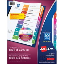 Ready Index® Dividers Assorted colours. 6 sets. Printed. 1-10 tabs