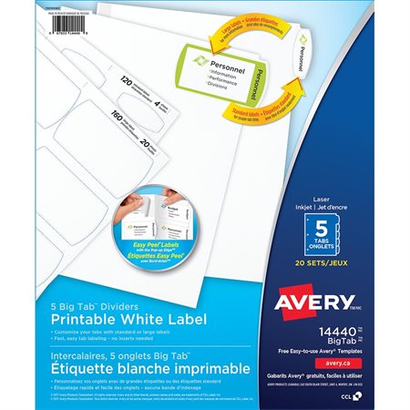 Intercalaires étiquette blanche imprimable Big Tab™ 5 onglets