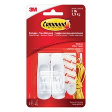Command™ Adhesive Hooks 2 medium hooks with 4 strips Holds 3lb. White