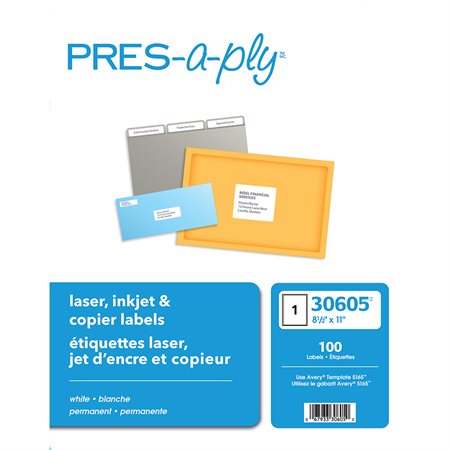 Étiquettes pour imprimante laser, jet d'encre et copieurs 8-1 / 2 x 11" (100)