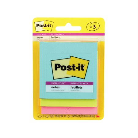 Feuillets Post-it® Super Sticky - collection Miami 3 x 3 po. bloc de 45 feuillets (pqt 3)