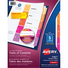 Ready Index® Dividers Assorted colours. 6 sets. Printed. 5 tabs