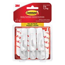Command™ Adhesive Hooks 6 medium hooks with 12 strips Holds 3lb. White