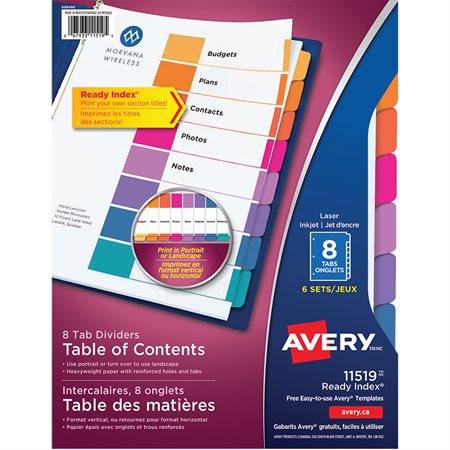 Ready Index® Dividers Assorted colours. 6 sets. Unprinted. 8 tabs