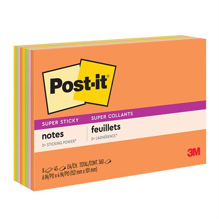 Feuillets super collants Post-it® - collection coup de pouce 6 x 4 po bloc de 45 feuillets (pqt 8)