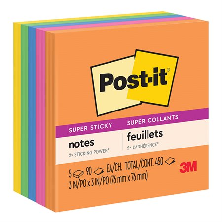 Feuillets Post-it® Super Sticky - collection Rio 3 x 3 po bloc de 90 feuillets (pqt 5)