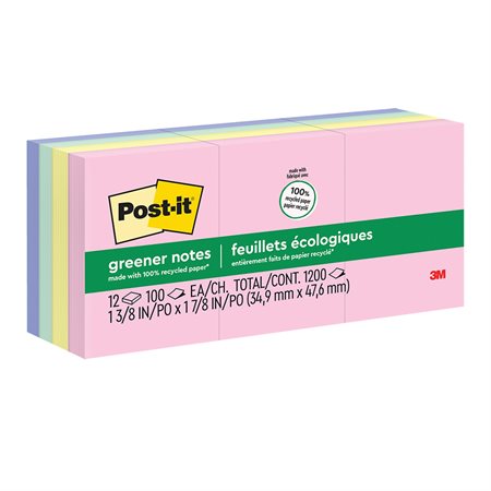 Feuillets Post-it® Greener Notes - collection Helsinki 1-1 / 2 x 2 po bloc de 100 feuillets (pqt 12)