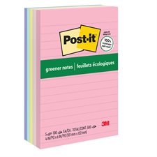 Feuillets plus écologiques Post-it® - collection doux soupçons 4 x 6 po, lignés bloc de 100 feuillets (pqt 5)