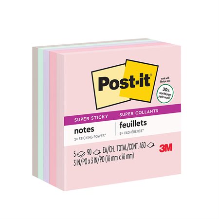 Feuillets recyclés Post-it® Super Sticky - La vie en pastel 3 x 3 po, bloc de 90 feuillets (pqt 5)
