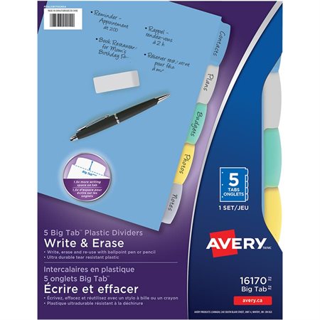 Big Tab™ Write & Erase Plastic Dividers 5 tabs