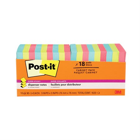 Feuillets Post-it® Super Sticky - collection Éclat de lumière 3 x 3 po, boîte de rangement 90 feuilles (pqt de 18)
