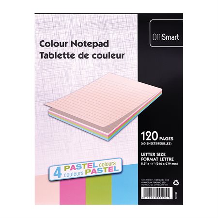 Tablette de couleur 8-1 / 2 x 11 po - 60 feuilles - 4 couleurs variées pastel