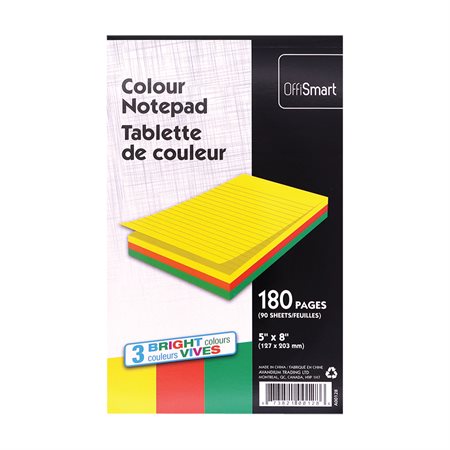 Tablette de couleur 5 x 8 po - 90 feuilles - 3 couleurs variées vives