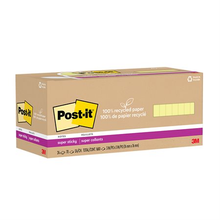 Feuillets recyclés Post-it® Super Sticky - Jaune canari 3 x 3 po. Uni. paquet de 24, bloc de 70 feuilles