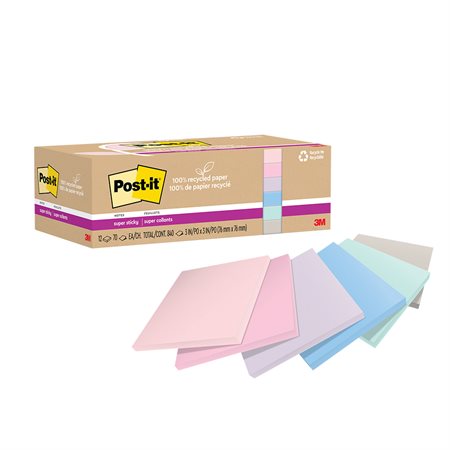 Feuillets recyclés Post-it® Super Sticky - La vie en pastel 3 x 3 po. Uni. paquet de 12, bloc de 70 feuilles