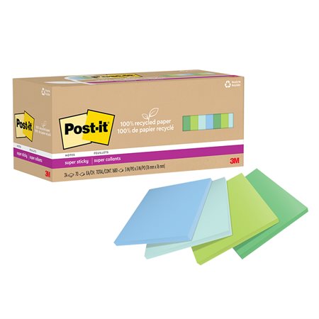 Feuillets recyclés Post-it® Super Sticky - Collection oasis 3 x 3 po. Uni. paquet de 24, bloc de 70 feuilles