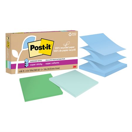 Post-it® Super Sticky Recycled Notes – Oasis Collection 3 x 3 in. Pop-Up. package of 6, 70-sheet pad